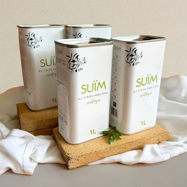 Visió frontal 4 llaunes d’1L d'Oli d'Oliva Verge Extra ecològic